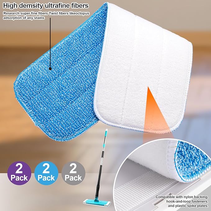 HOMEE Reusable Microfiber Mop Pads, 12 Pack 18"x 6" Mop Head Replacement, Wet/Dry Home & Commercial Cleaning Scrubbing Floor Pad - Blue