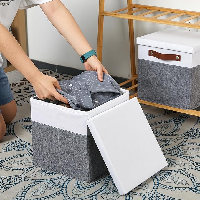 Foldable Fabric Storage Bins with Lids, White&Grey, 10.5x10.5x10.5in
