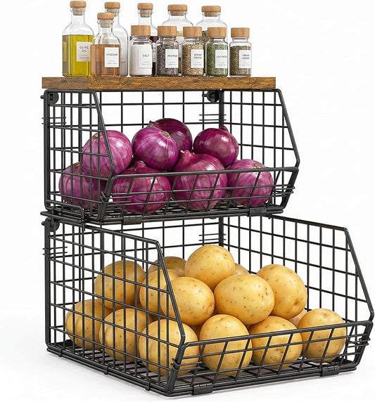 X-cosrack Stackable Wire Baskets for Counter, Fruit and Vegetable Storage, Potato and Onion Storage Bin，Kitchen Pantry Organizer - Wall Basket for Produce/Snack/Can, Large with Wood Top, Black