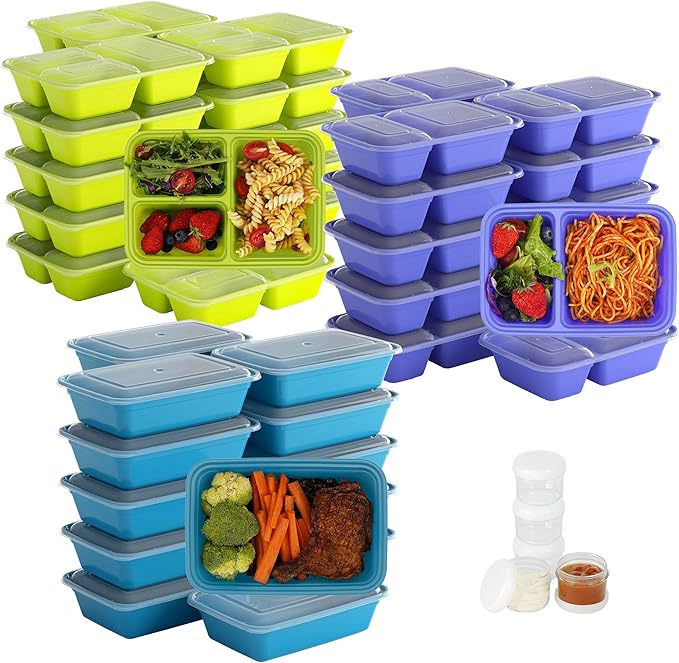 LISI 100-Piece Meal Prep Containers, 33oz Large Food Storage Containers with lids with 1, 2, 3-Compartment, Freezer Safe To-Go/Take-Out Boxes