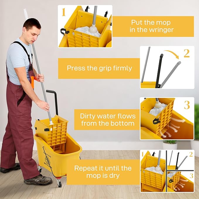 HOMCOM Mop Bucket with Wringer on Wheels for Floor Cleaning, 38 Quart Down Press Wringer with Handle and Mop, Yellow