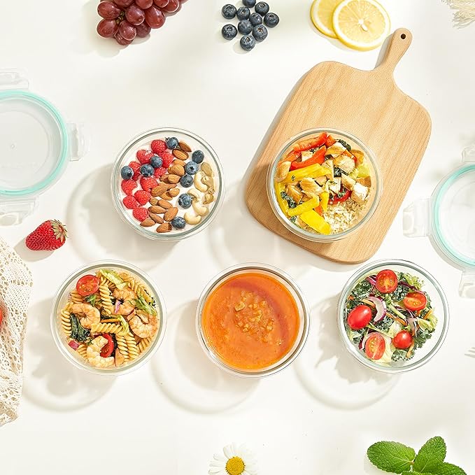 Vtopmart 5Pack 22oz Glass Storage Containers with Lids, Glass Meal Prep Food Container Sets with Snap Airtight Lids for Microwave, Oven
