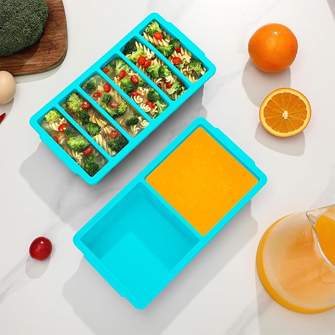 2-Pack Silicone Freezer Trays with Lid, 2 Large 2-Cup(500ml) & 6 Small 1/2-Cup(125ml) Soup Freezer Container Molds