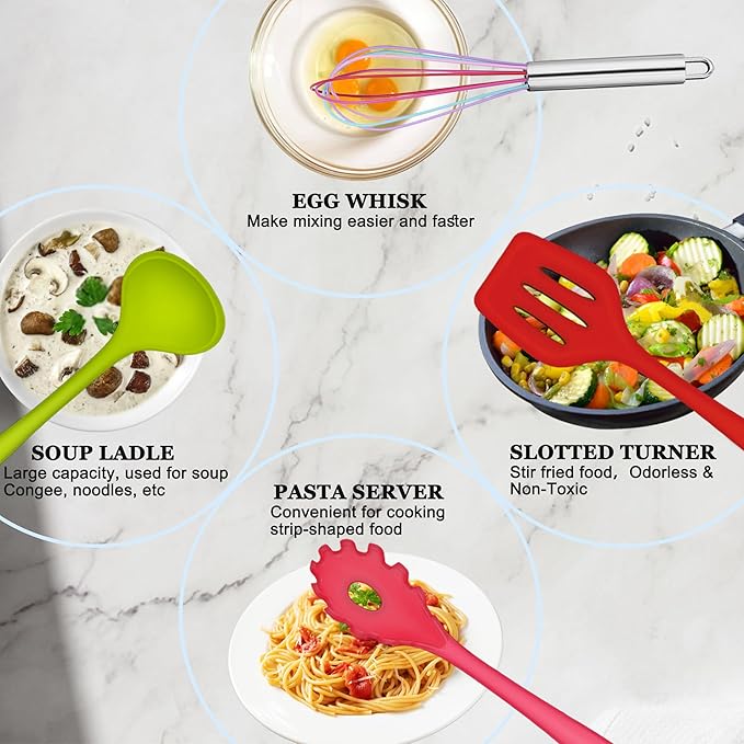 E-far 10 Pcs Silicone Cooking Utensils Set, Heat Resistant Kitchen Utensil Set for Nonstick Cookware, Kitchen Cooking Tools with Spatula, Spoon, Slotted Turner, Non-Toxic & Dishwasher Safe (Colorful)