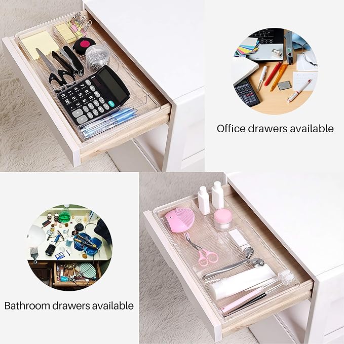 Oubonun Expandable Drawer Organizer 11.1” to 19.2” Width, Shallow Cosmetic Organizer 1.3” Height, 4 Packs, Clear Plastic Storage Trays for Dressing Table,Bathroom