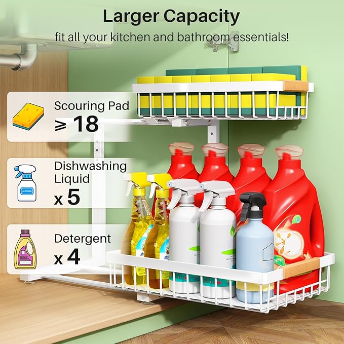 Kitstorack Under Sink Organizer, 2 Tier Under the Sink Storage, Slide out Pull out Cabinet Organizer Shelf
