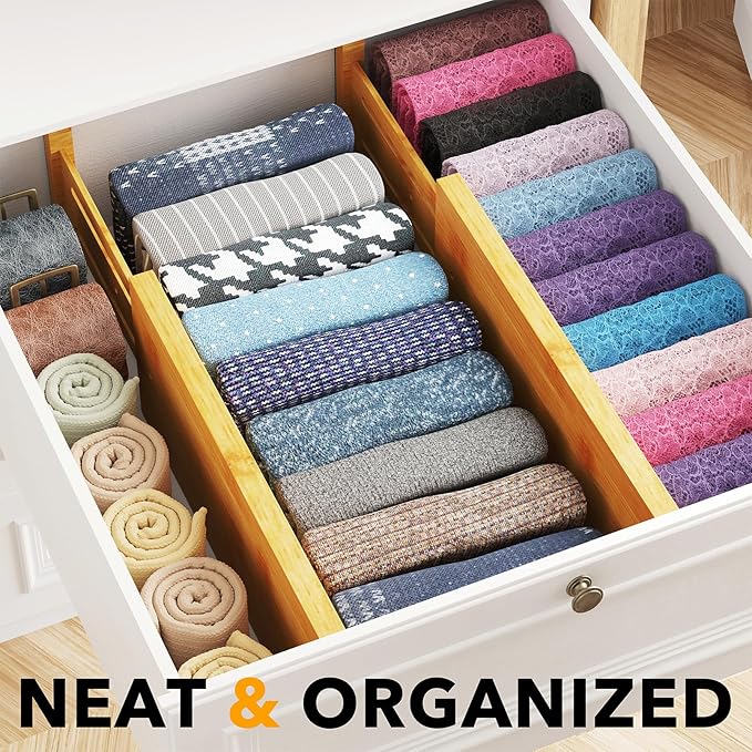 SpaceAid Bamboo 4 Pack Dresser Drawer Dividers, 4.65“ High Adjustable 12.5“-17” Drawer Organizers, Expandable Organization for Clothing, Clothes