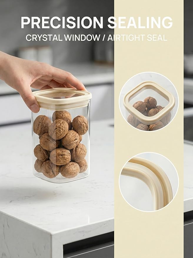 4pcs Small Square Glass Pantry Storage Jars Set with Glass Lids 0.76Qt - Stackable Kitchen Canisters Sets for Nuts, Overnight Oast, Snacks