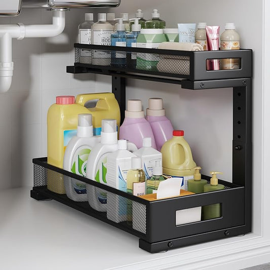 1 Pack 17IN Depth Under Sink Storage Organizer, Large 2-Tier Elegant Mesh Pull Out Shelf for Kitchen and Bathroom Cabinet Organization