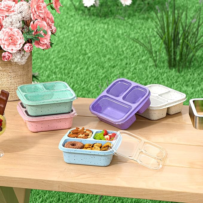 Snack Boxes (3 Pack) - Stackable Bento Boxes with 3 Compartments, Meal Prep Containers Reusable, Lightweight Lunch Containers for Kids and Adults