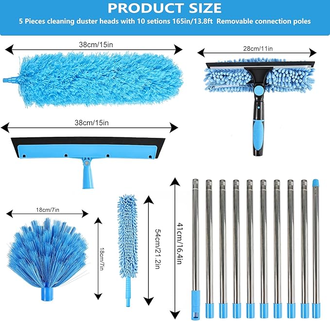 High Reach Duster Kit with14 ft Extension Pole High Ceiling Dusting and Window Cleaning Kit with Spliceable Pole - Cobweb Duster, Fan Blade