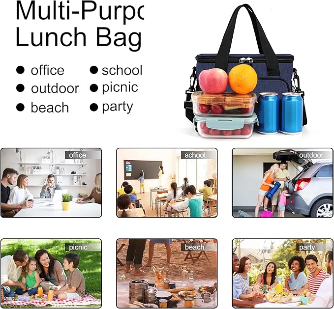 Femuar Lunch Bags for Women/Men, Insulated Lunch Bag for Work Office Picnic - Lunch Cooler Bag Leakproof Lunch Box with Adjustable Shoulder Strap - Dark Blue