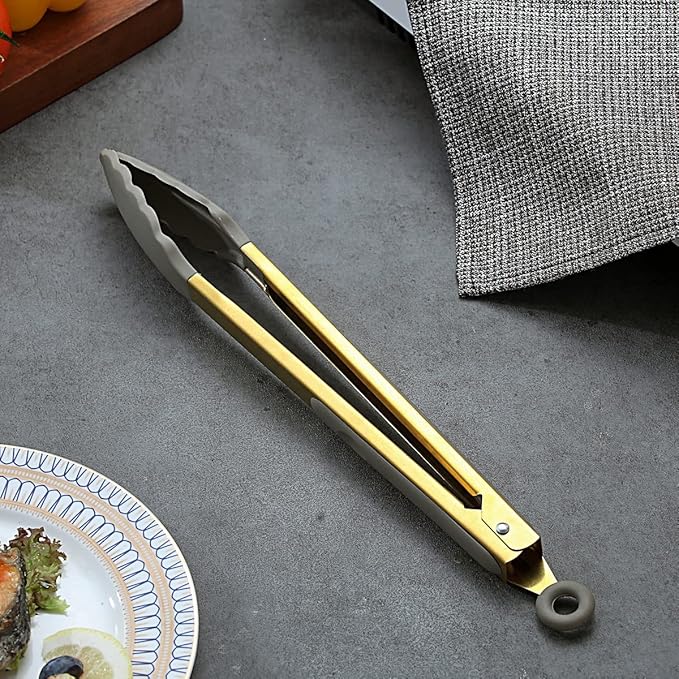 Gold Cooking Tongs, Berglander Heavy Duty Food Tongs For Cooking With Silicone Tips And Titanium Gold Plating Handle, Kitchen Tongs, Grill Tongs, Dishwasher Safe, Easy to Clean