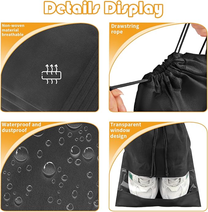 Large Black Travel Shoe Bags, 5 Pcs with Clear Window, Non-Woven Drawstring