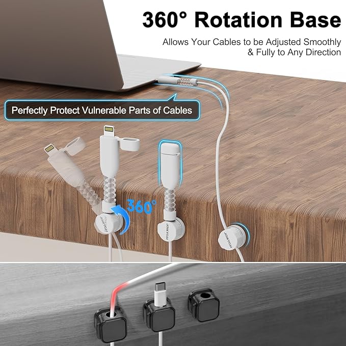 6 Magnetic Spring Cable Clip Rotatable Cord Holder Desktop Cord Organizer 2 Charging Cord Protectors for Nightstand Phone Charger Organizer Computer Desk Cable Management Appliance Adhesive Wire Strap