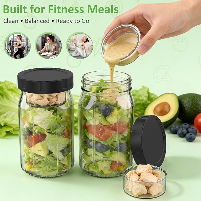 4Pack Glass Salad Jars with Lids, 32oz Salads Mason Jars with Wet/Dry Separation Cup, Meal Prep Salad Containers for Lunch