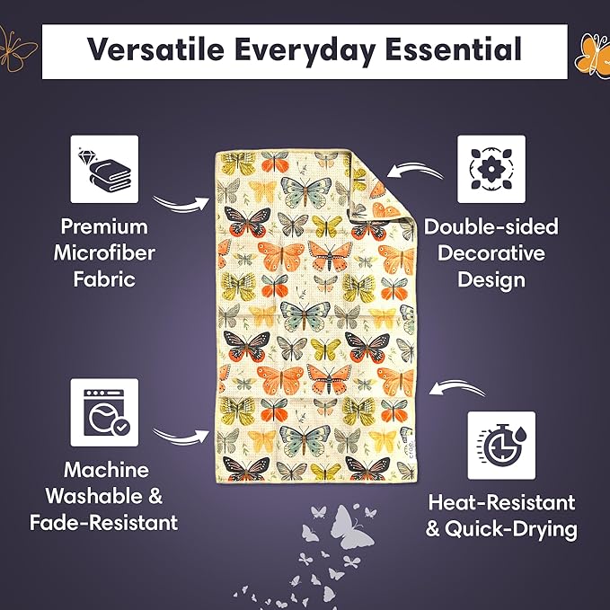 Microfiber Hand Towel & Washcloth Set of 2 - Double-Sided, Waffle Weave, Super Absorbent, Lint-Free, Fast Drying - for Bathroom, Kitchen, Car, and Window Cleaning (Wings & Flower Farm - Purple/Cream)