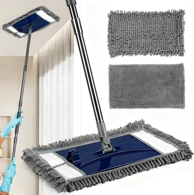 Wall Cleaner Mop with Long Handle, Extra Wall Dust Mop for Washing Walls with 2 Microfiber Reusable Pads,Floor Dry Wet Duster Mops for Wall Washer, Floor,Ceiling Cleaning，Blue