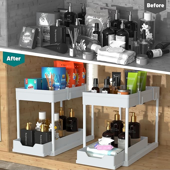 Cabinet, 2 Pack Under Sink Organizer, 2 Tier Sliding Bathroom Kitchen Organizer