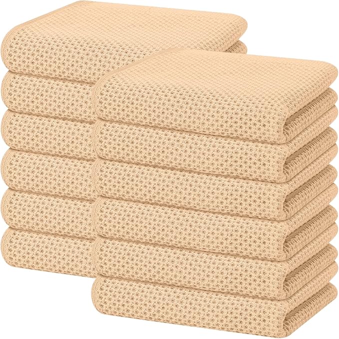 Homaxy 100% Cotton Waffle Weave Kitchen Dish Towels, Ultra Soft Absorbent Quick Drying Cleaning Towel, 13 x 28 Inches, 12-Pack, Apricot