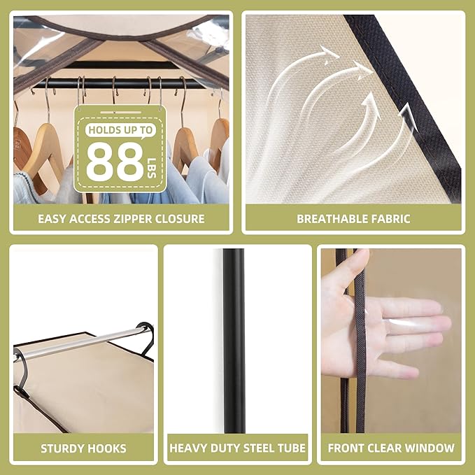 Garment Bags for Hanging Clothes Storage, Long Garment Cover with Zippered Clear Window for Closet Wardrobe Clothes Rack Organizer, Hanging Garment Bags for Dresses, Suits, 1 Pack, Beige