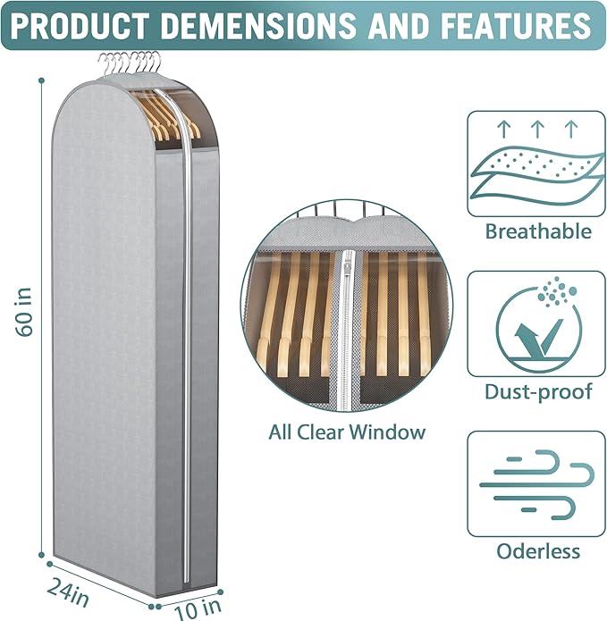 Liuoud 10" Gusseted Garment Bags for Hanging Clothes with clear window, 60" Suit Bags for Open Closet Storage, Clothing Cover for Coat, Dress, Jacket, Shirt, Fur Wardrobe Protector, 3 Packs