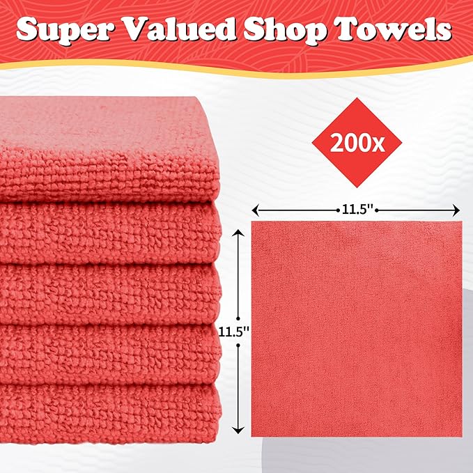 FIXSMITH Shop Towels, Red Microfiber Cleaning Cloth Bulk, 200 Pack Microfiber Towels for Cars, All-Purpose Absorbent Cleaning Rags, Dust Cloth for Automotive, Mechanic, Garage, Bar, 11.5 x 11.5 inch