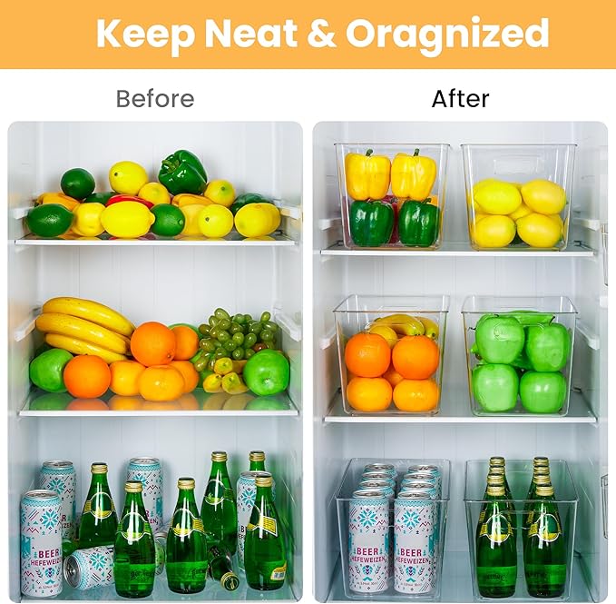 10 Pack Clear Pantry Organizer Bins, Plastic Containers with Handle for Kitchen