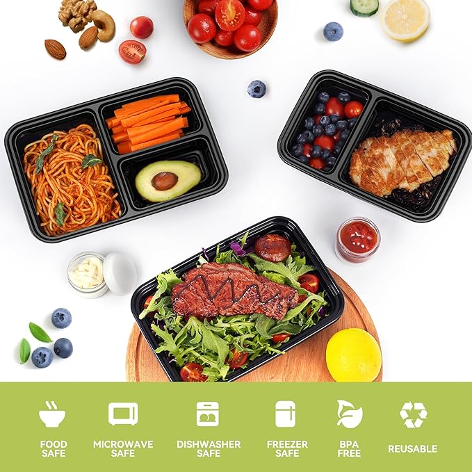 LISI 100-Piece Meal Prep Containers, 33oz Large Food Storage Containers with lids with 1, 2, 3-Compartment, Freezer Safe To-Go/Take-Out Boxes