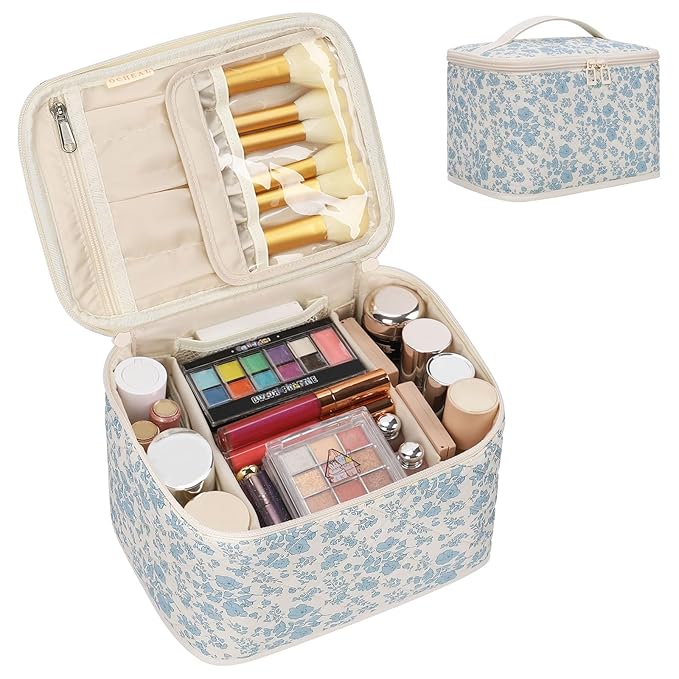 OCHEAL Travel Makeup Bag, Cosmetic Bags for Women Makeup Case Organizer Large Capacity Travel Toiletry Bag Storage Bags with Divider and Handle for Cosmetics Toiletries Brushes Tools-Blue Floral