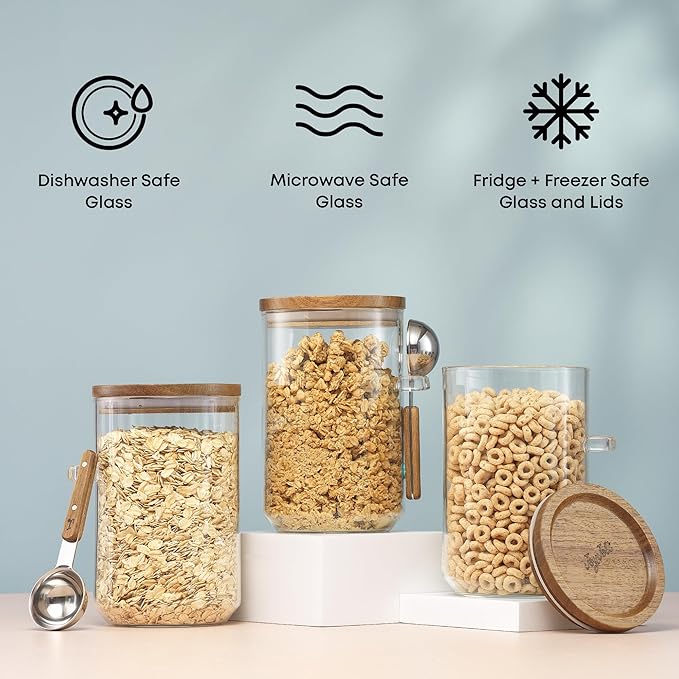 JoyJolt Holden 32oz Stackable Glass Storage Containers with Lids Scoops and Tray, Clear Airtight Food Canister Set of 3 w/Acacia Wood Lids