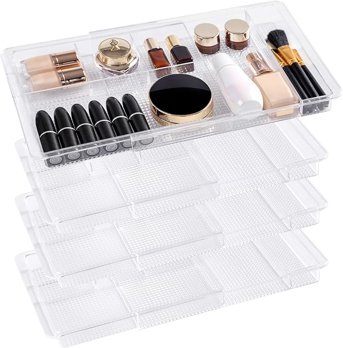 Oubonun Expandable Drawer Organizer 11.1” to 19.2” Width, Shallow Cosmetic Organizer 1.3” Height, 4 Packs, Clear Plastic Storage Trays for Dressing Table,Bathroom