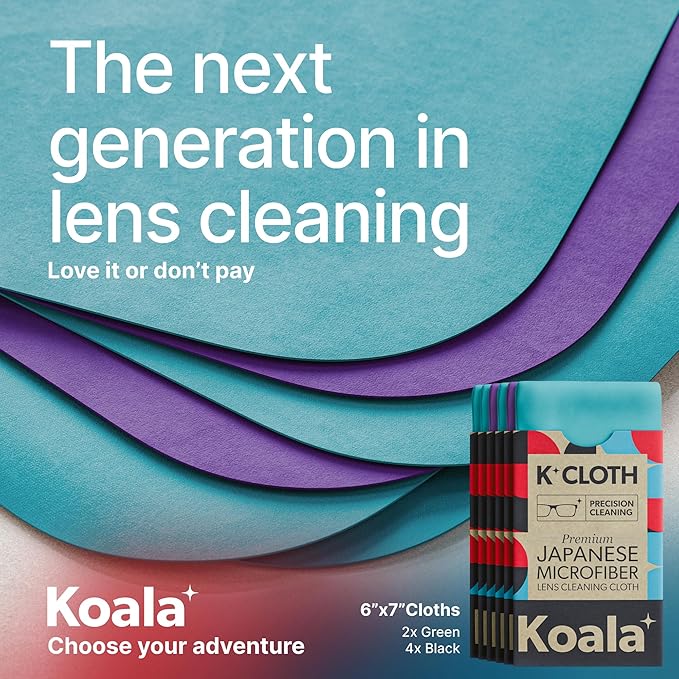 Koala Lens Cleaning Cloth | Japanese Microfiber | Glasses Cleaning Cloths | Eyeglass Lens Cleaner | Eyeglasses, Camera Lens, VR/AR Headset, and Screen Cleaning | Blue & Purple (Pack of 6)