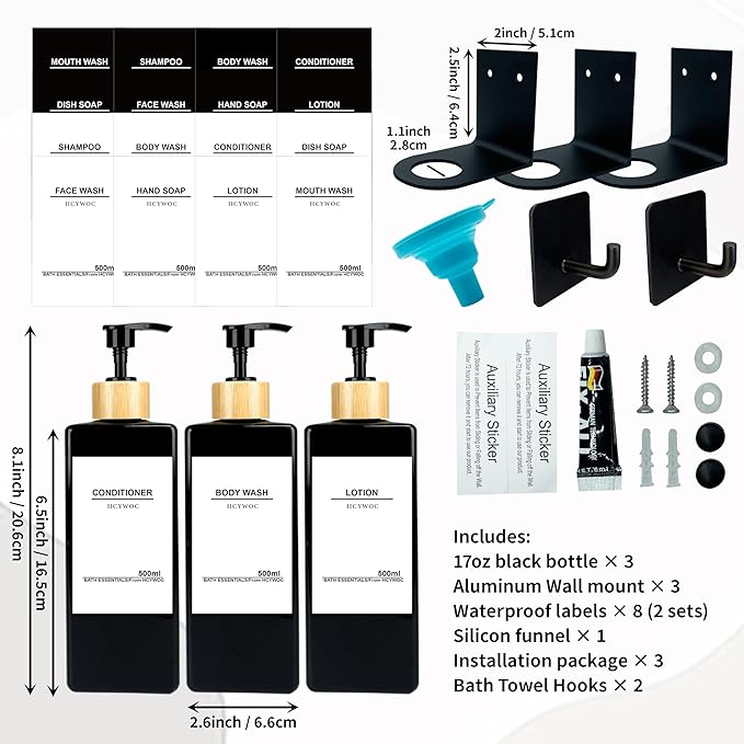Shampoo Dispenser for Shower Wall, Shampoo and Conditioner Dispenser with 16 Waterproof Labels, No Drill Shower Soap Dispenser Bathroom, Shower Soap Dispenser Wall Mounted, 17oz, Bamboo(Black)