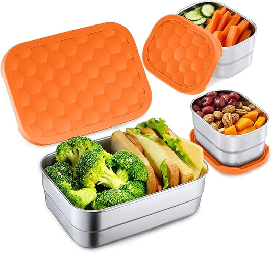 Homikit 3 Pack Kids Lunch Box Set, 18/10 Stainless Steel Bento Boxes with Silicone Lids Leak Proof