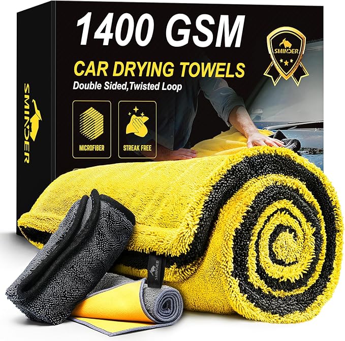 SMINDER 1400 GSM Car Drying Towels Car Detailing– XXL Microfiber Towels for Cars, Trucks (48" x 24"), Ultra-Absorbent, Streak-Free, Scratch-Free, No Water Spots, Double-Twist Pile & Edgeless Design