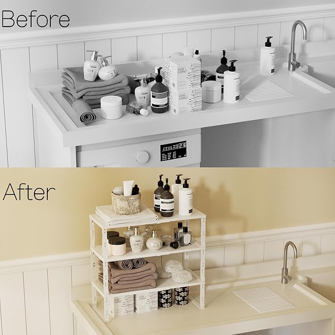 Heavy-Duty Adjustable Metal Shelf Organizer - Expandable & Stackable Pantry Storage Rack for Kitchen, Bathroom, RV, Cabinets(2 Packs/White, Large)