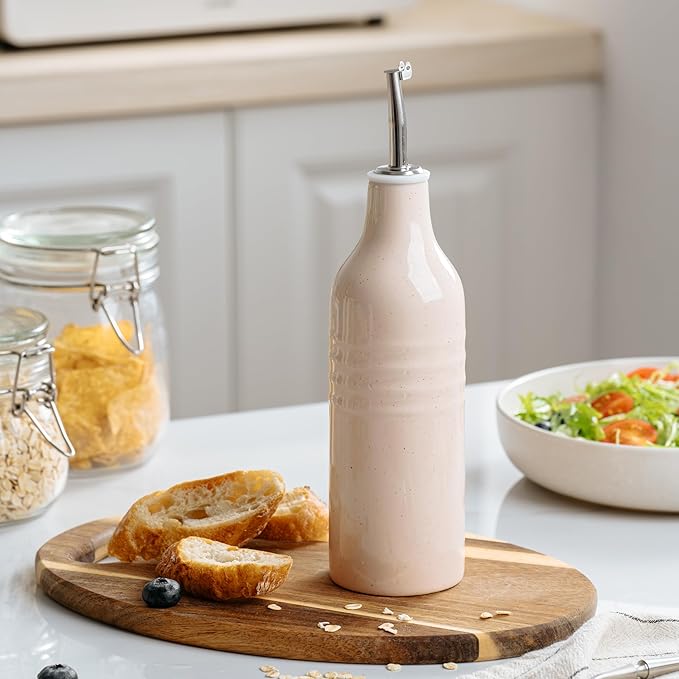 famiware Jupiter 16oz Ceramic Olive Oil Dispenser Bottle, 1 Piece Oil Dispenser for Kitchen with Stainless Steel Pourers, Suitable for Storage Vinegar, Soy Sauce, Coffee Syrup, Light Pink
