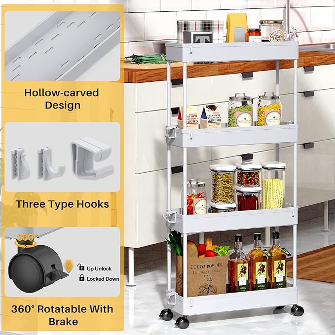 SPACEKEEPER Slim Rolling Storage Cart 4 Tier Bathroom Organizer Mobile Shelving Unit Storage Rolling Utility Cart Tower Rack for Kitchen Bathroom Laundry Narrow Places, Gray