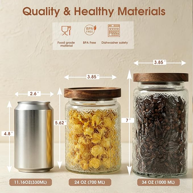 24 OZ Airtight Glass Storage Jar with Bamboo Lid - Vintage Glass Jar Vintage Food Containers Canisters Set for Kitchen Counter & Pantry - Ideal for Sugar, Flour, Coffee, Tea, Candy, Oats -4 Pack