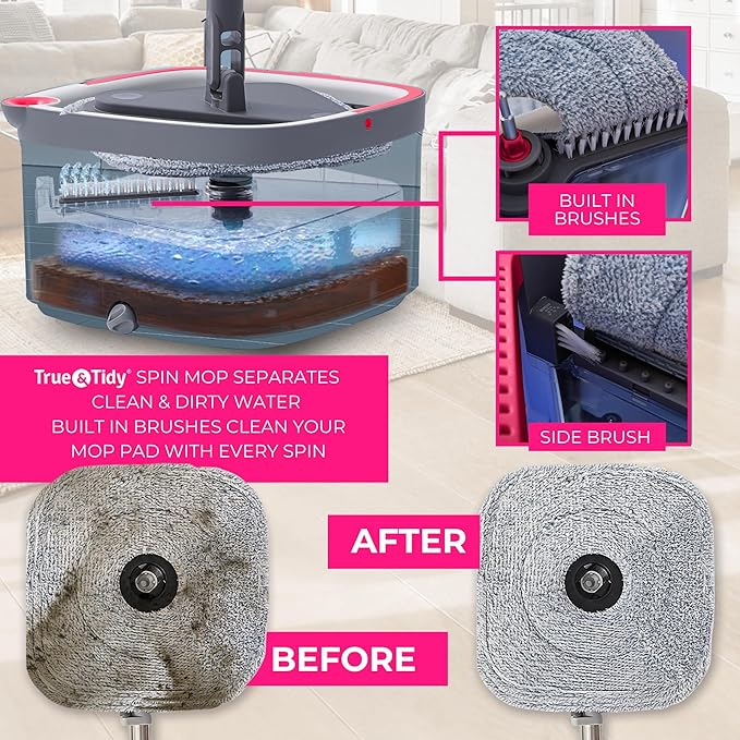 True & Tidy True Clean Spin Mop & Bucket System – Dual Compartment Design for Clean & Dirty Water, 360° Swivel Mop Head, Built-in Scrubbing Brush, Stainless Steel Handle & 2 Reusable Microfiber Pads