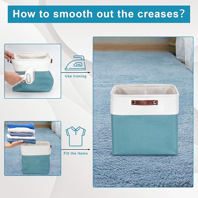 13x13 Cube Storage Bins, Collapsible Fabric Storage Box, Teal&White