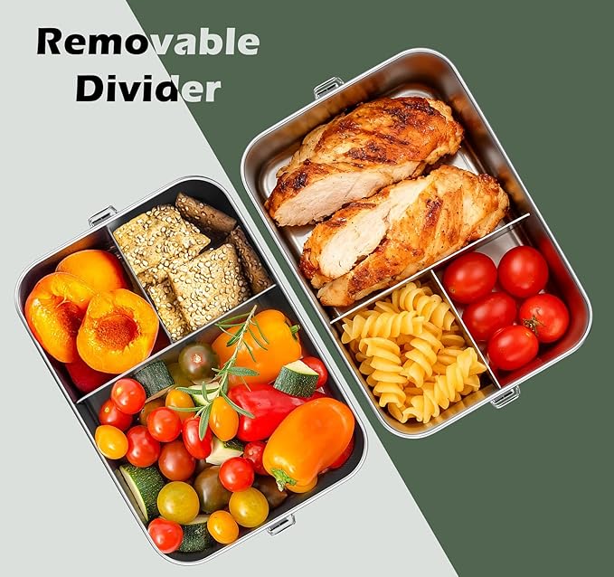 Leonyo 2 Pack 18/10 Stainless Steel Lunch Box for Adults 47oz, 1400ml Metal Bento Box with Removable Divider