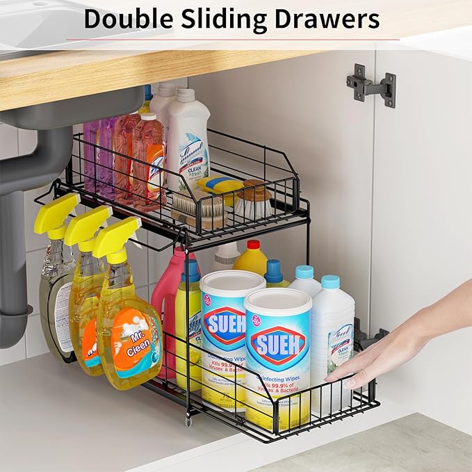 SUEH DESIGN Under Sink Organizers and Storage, 2 Tier Metal Under Sink Storage with Hanging Rail for Kitchen Bathroom Cabinet Organizer, 2 Pack