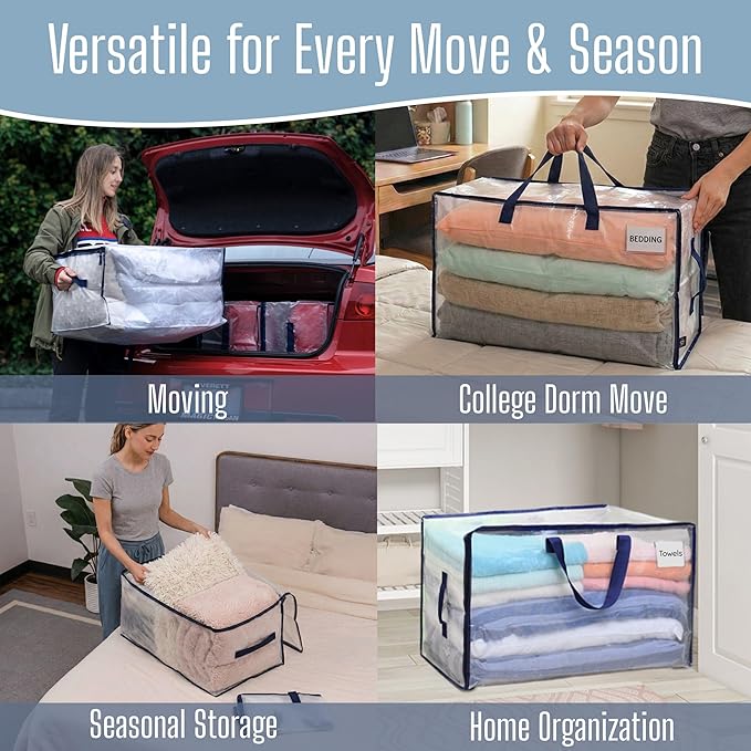 VENO 4 Pack Clear Extra Large Moving Bags & Storage Totes, Heavy Duty Organizer with Reinforced Handles & Strong Zippers for Clothes, College Dorm Essentials, Moving Supplies