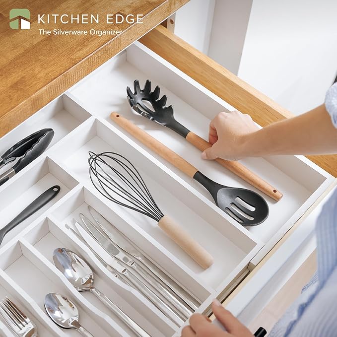 KitchenEdge Premium Silverware, Flatware and Utensil Organizer for Kitchen Drawers, Food-Safe Contract Grade, Expandable from 16 to 28 In, White Bamboo