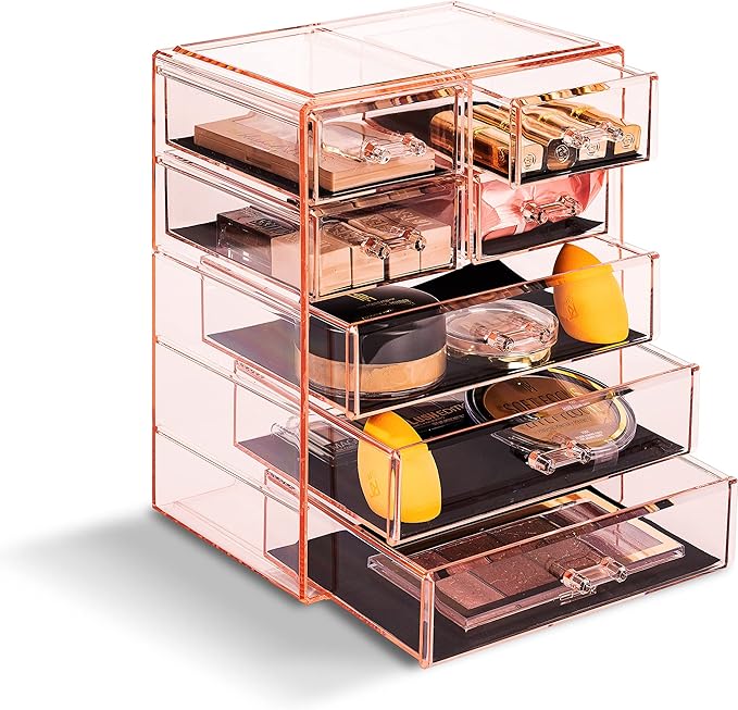 Sorbus Acrylic Makeup Organizer Set, 7-Drawer Vanity & Countertop Cosmetic Storage with Small & Wide Drawers, Pink Makeup Storage for Brushes