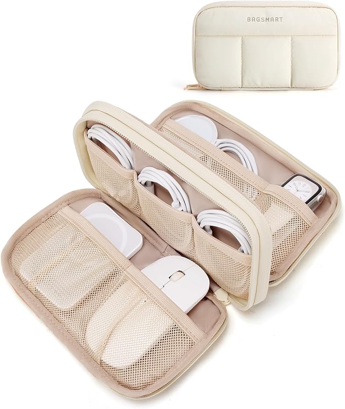 BAGSMART Electronics Organizer Travel Case, Cord Storage for Chargers Cables Phones, Compact Tech Accessories Pouch, Beige