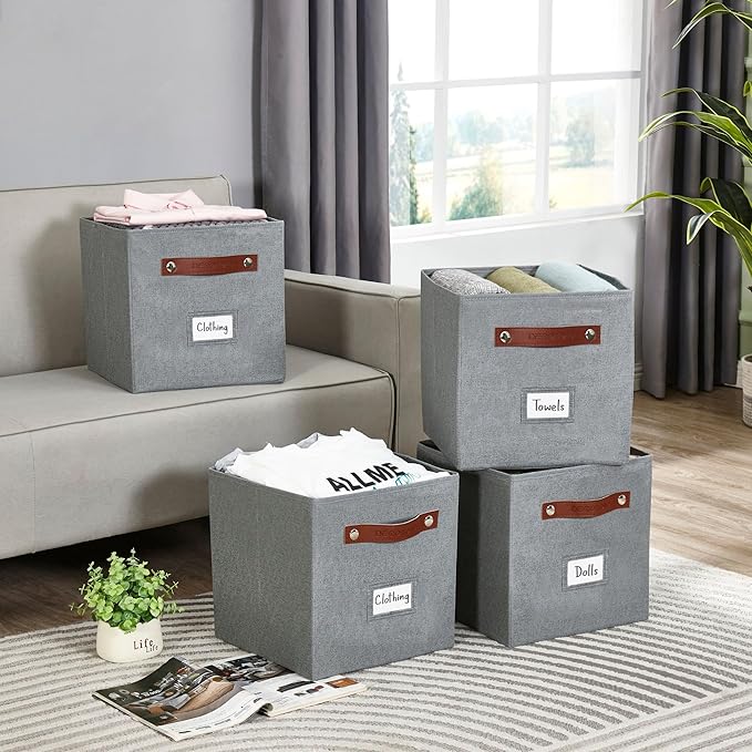 Storage Bins, Cube Storage Bin with Labels, 11" / 6pcs, Texture Grey