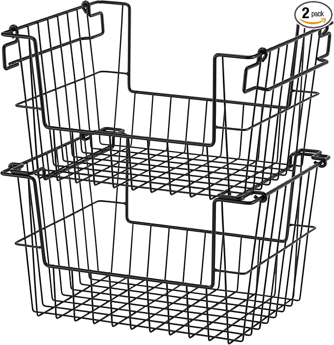 2-Pack Stackable Metal Wire Storage Baskets With Handles, Black, 14 Inches